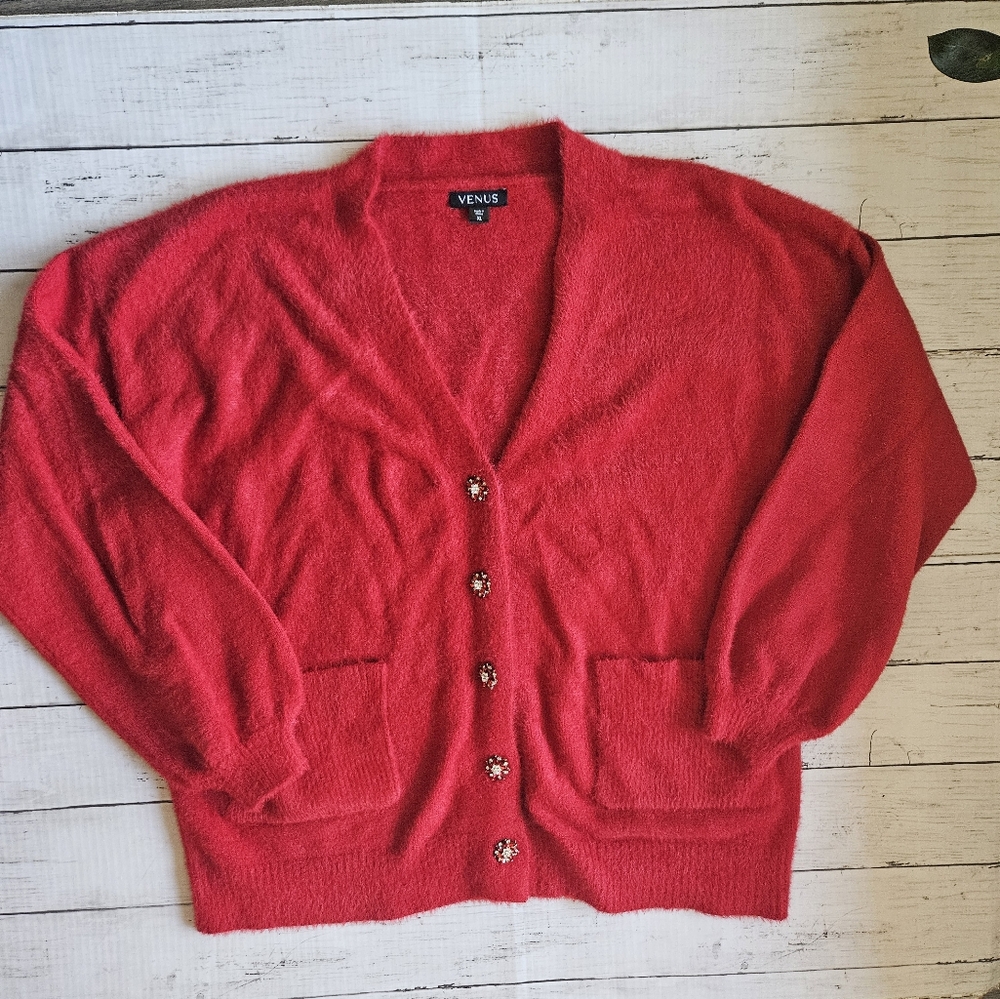 Venus Red Fuzzy Soft Cardigan Size XL Embellished Buttons Holiday